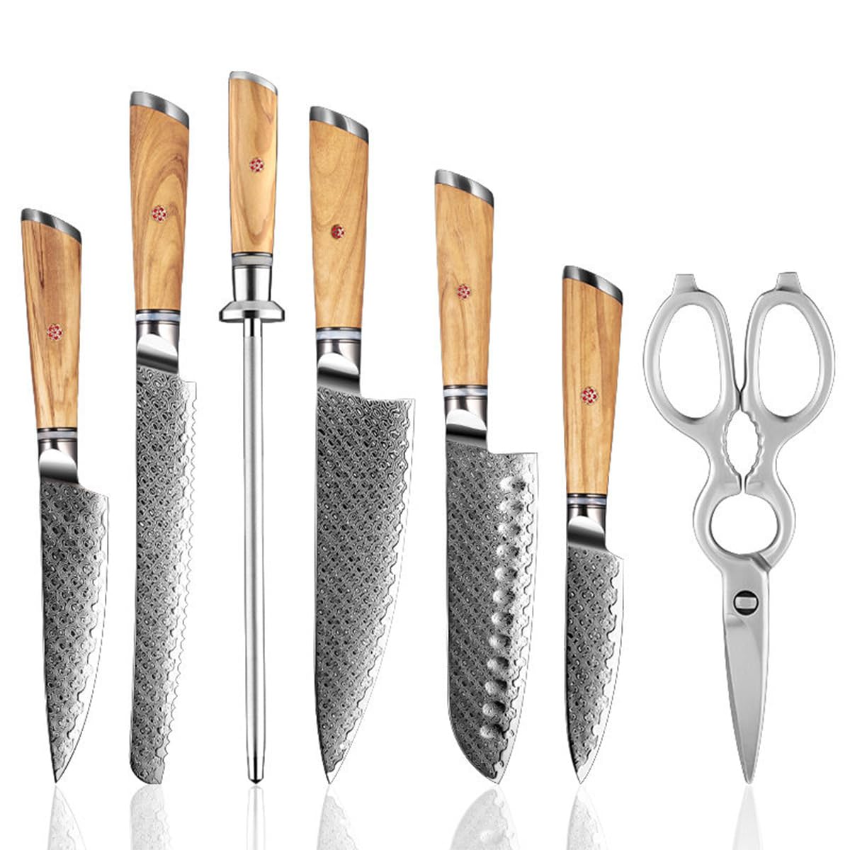 5 Piece Damascus Kitchen Knife Set Full Tang Professional Chef Knife Set With Scissors and Sharpening Rods Blade