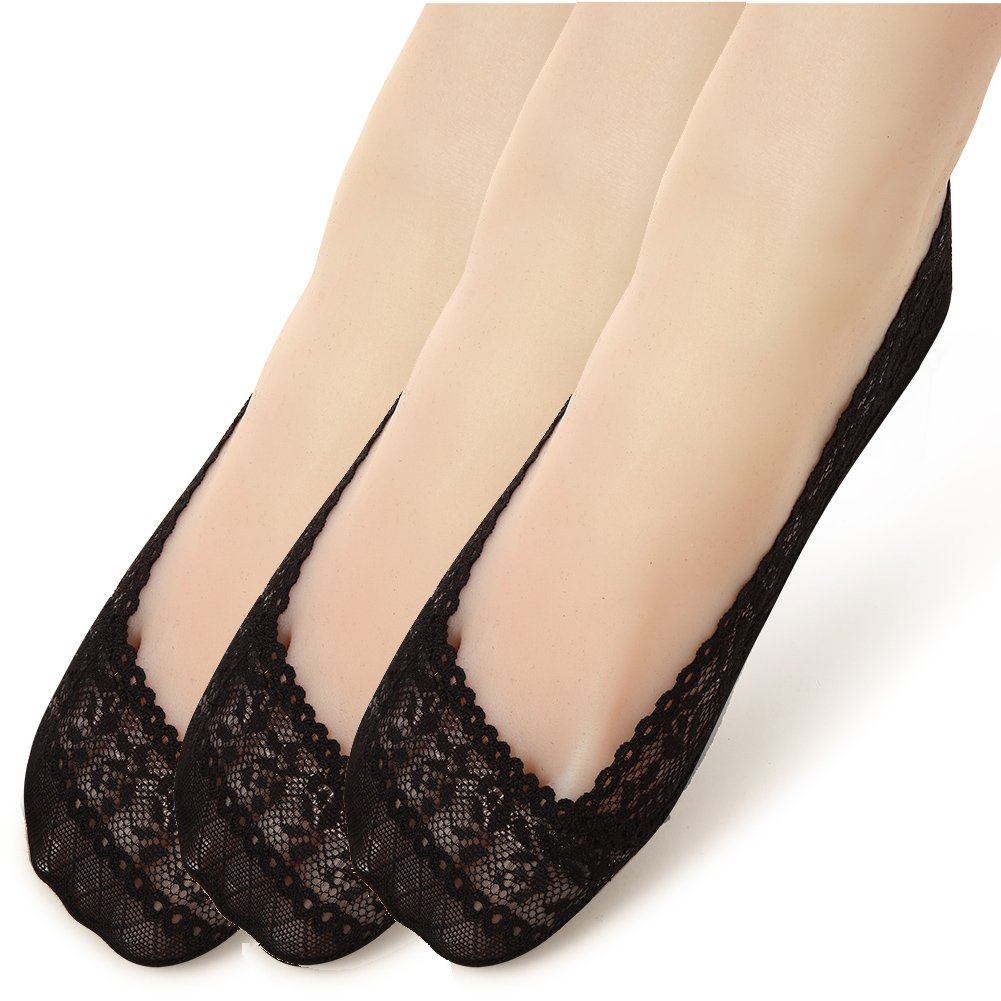 Women's No Show Liner Socks for Flats Boat Hidden Non Slip Lace Socks 3 Pack (Black)