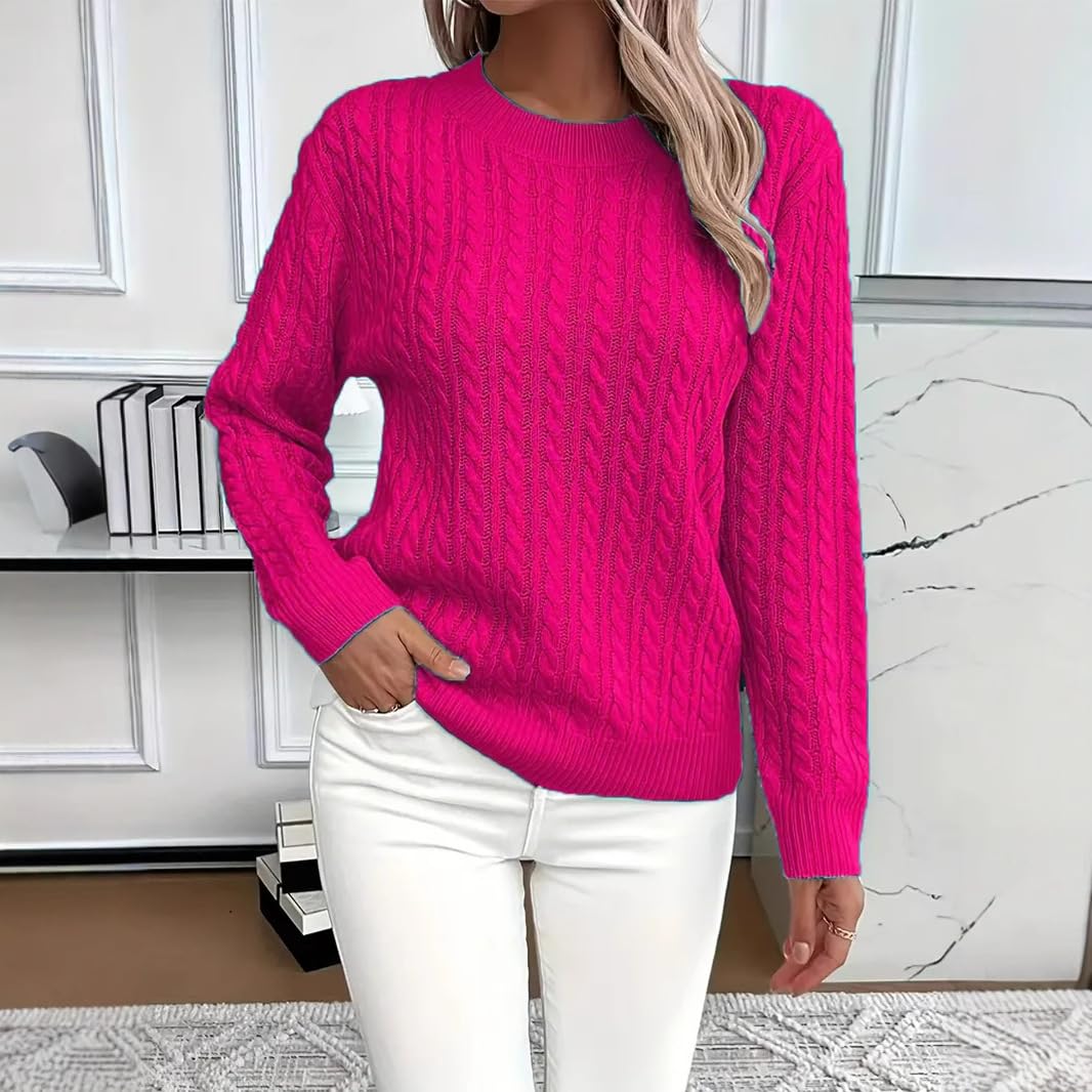 Pull en tricot torsadé décontracté à col rond et manches longues pour l'hiver - Pull doux à col rond