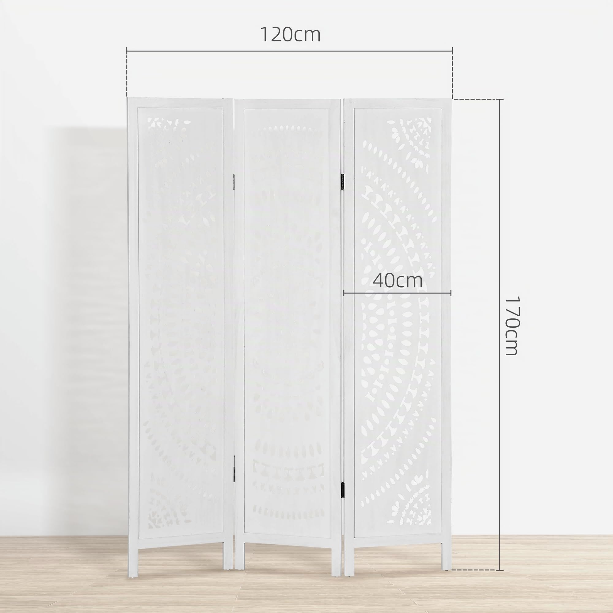 HOMCOM Biombo Plegable de 3 Paneles de Madera, 120x170 cm, Blanco | Biombo Separador de Ambientes, Patrones Tallados Elegantes, Decoración para Dormitorio, Salón