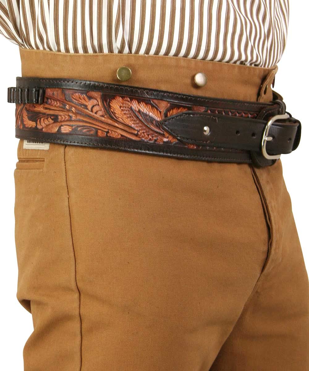 Historical Emporium .38/.357 Cal High-Rider Western Cartridge Belt Tooled Leather 50 Two-Tone Brown
