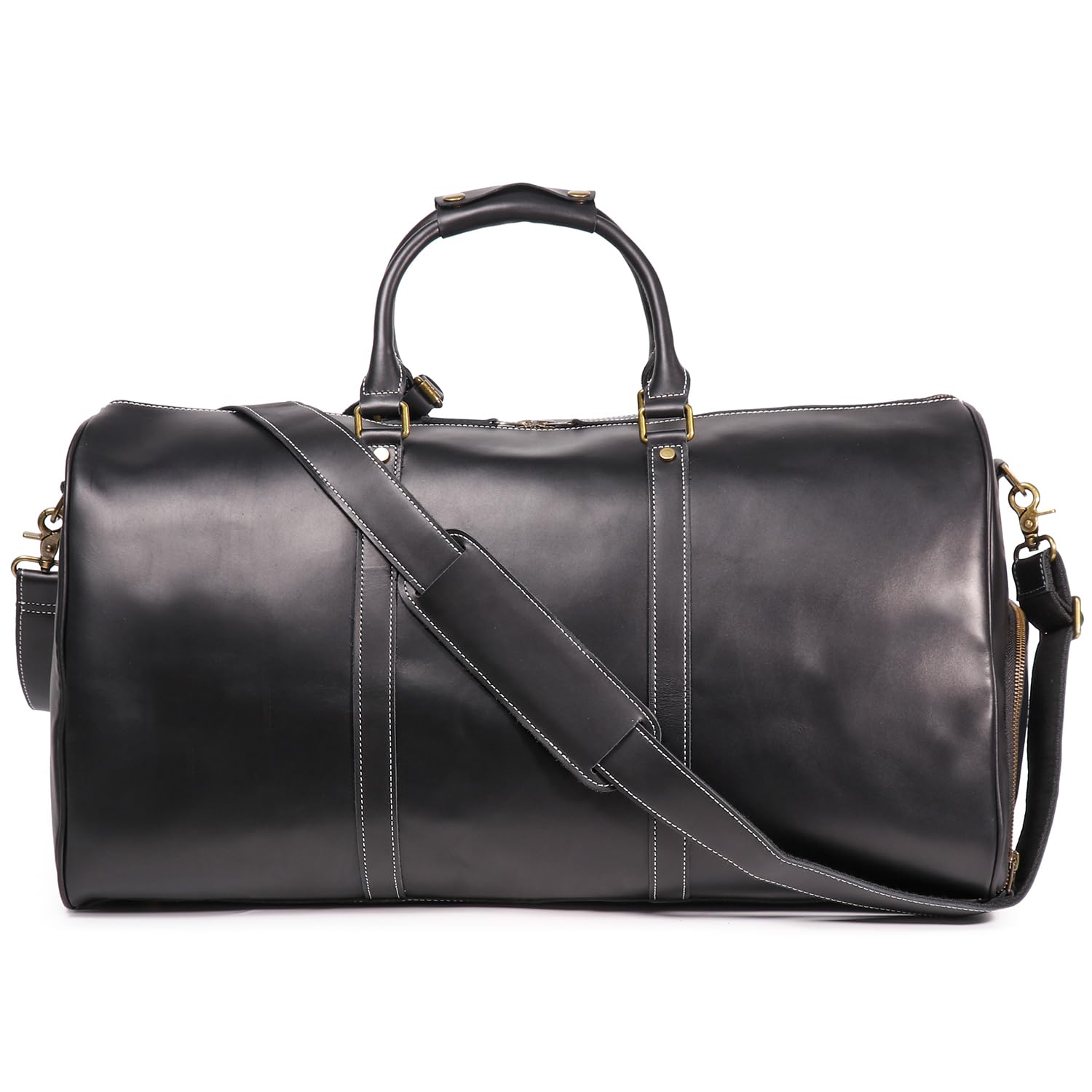 Mens Leather Weekend Bag Full Grain Classic Leather Duffel Bags YKK Zipper for Gym Sports Vintage Travel Luggage Overnight Duffle Bags (Black, 24 Inch