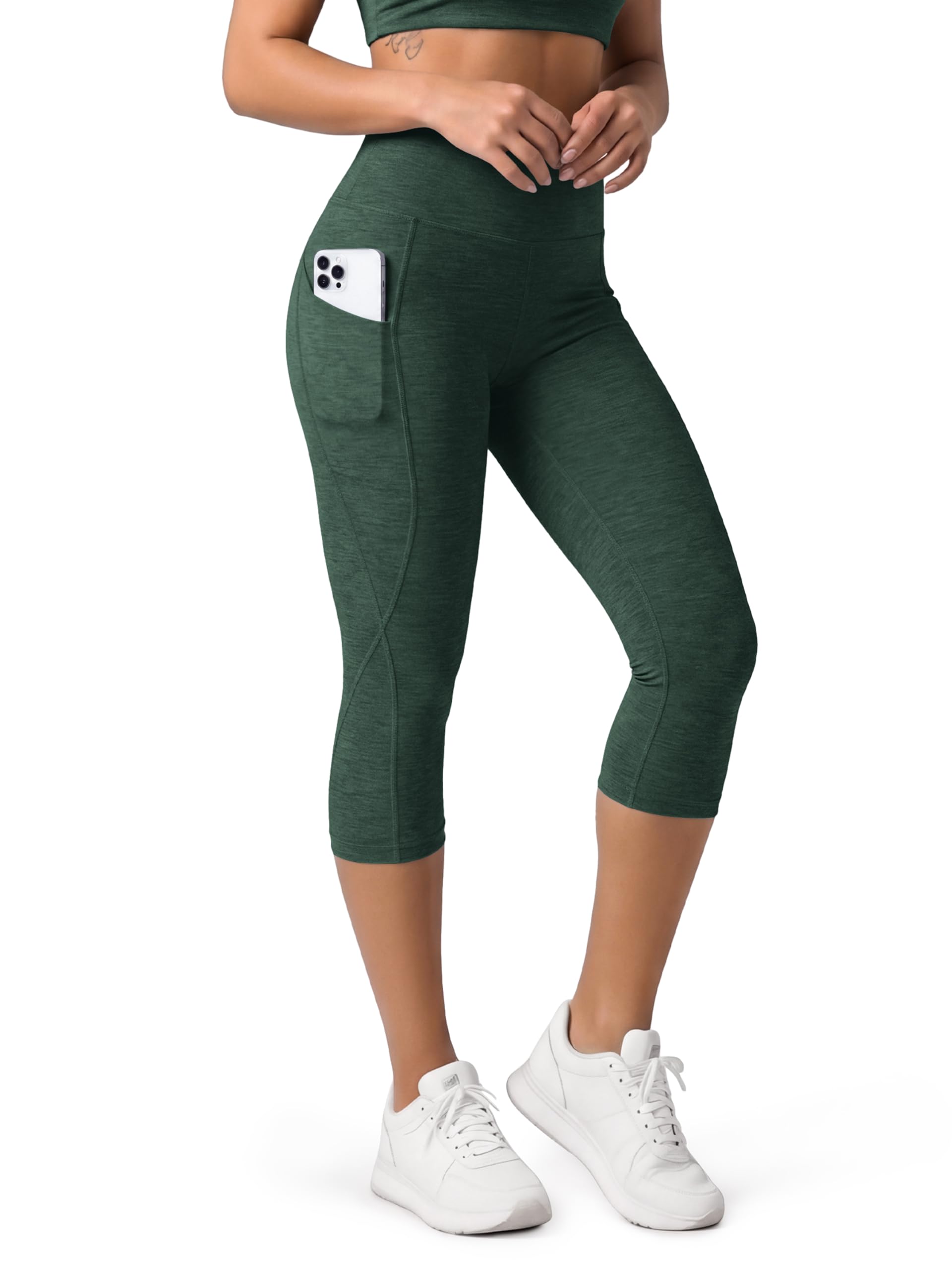 ODODOS Women's High Waisted Yoga Capris with Pockets, Tummy Control Non See Through Workout Athletic Running Capri Leggings