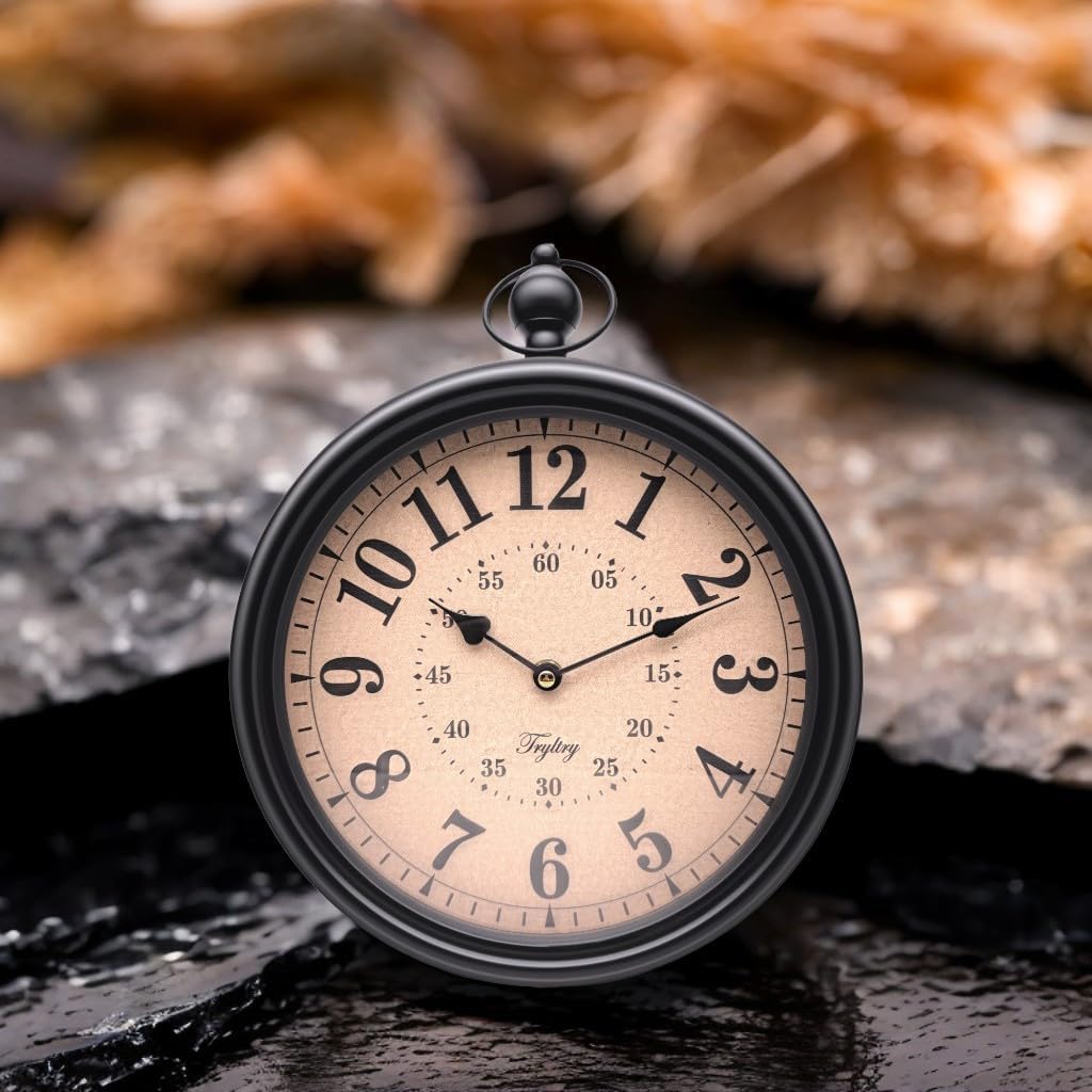 Retro Round Wall Clock Metal Vintage Antique Wall Clocks Battery Operated Old Design Style for Kitchen, Living Room or Office Black Round