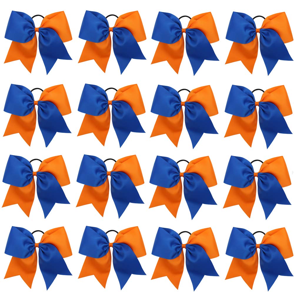 16PCS 8" Large Cheer Hair Bows Ponytail Holder Elastic Band Handmade for Cheerleading Teen Girls College Sports (16 Pcs) (Royal blue/Orange)