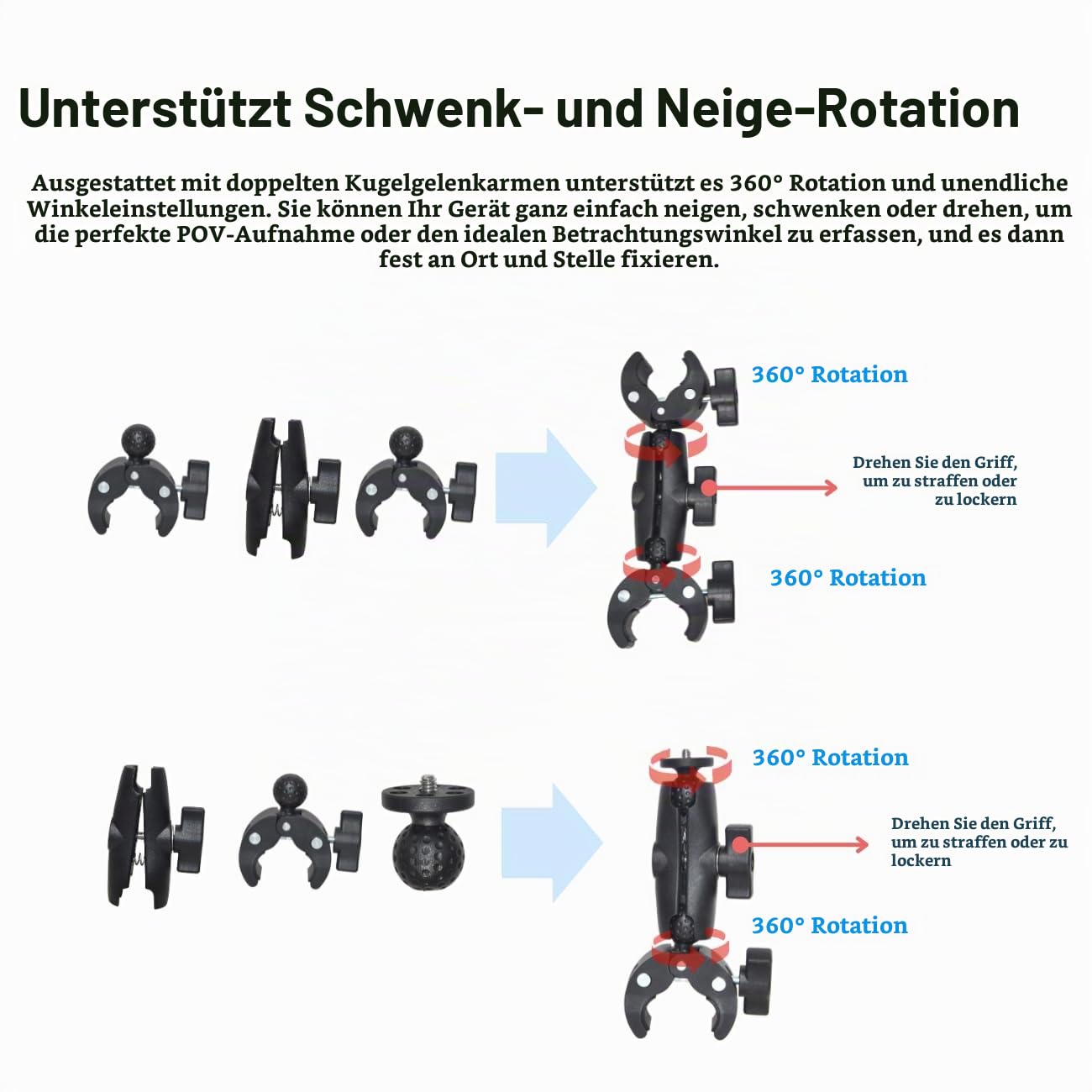 Action Kamera Motorrad Mount für Insta360 X4 Air /X5/X4/X3, GoPro Max 2, Hero 13/12/11, 360-Grad-Drehung, Double Clamp, doppelte Stabilität