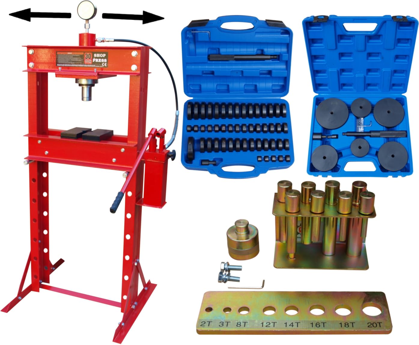 Carmax Pressa da officina 30T con 2 pompe + pezzo di pressione 18-150 mm + set di spine di pressione, 8 pezzi.