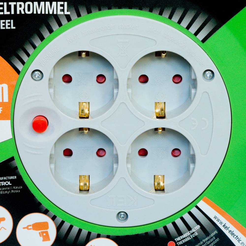 KEL-ELECTRIC Kabeltrommel fuer Gaerten mit 50 m PVC - Kabel 3x1,5 mm2, 230 V/16A -Verlängerungskabel -Kunststoffrommel mit 4 Schutzkontakt Steckdosen-IP20
