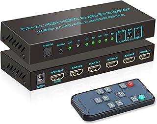 (Newest Version) SkycropHD 5 Port 4K HDMI Switch with Optical & 3.5mm AUX Audio Out, 5x1 HDMI Switcher Audio Extractor Splitter Support 4K@60Hz, 1080P@120Hz, ARC, HDCP 2.2, HDR10, Dolby Vision/Atoms