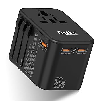 Ceptics Universal Charger Adapter with Type C 65W Laptop/MacBook Mobile Charging, 4 in 1 International Travel Adapter, 1 USB 2 USB-C W/3.1A Max, 10 Years Warranty, Worldwide Travel Adapter, Black