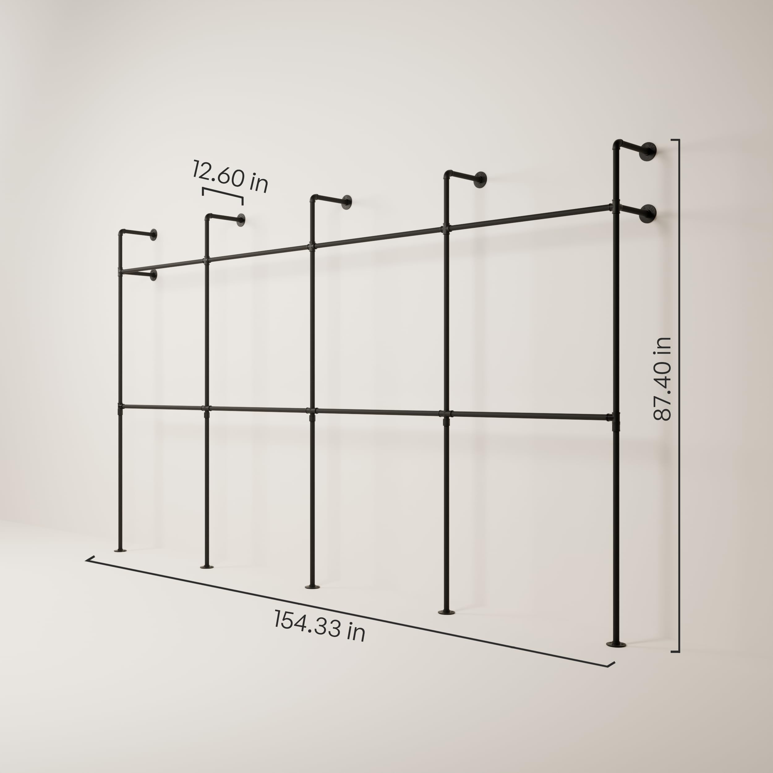 pamo Industrial Pipe Clothing Rack - 1100 lbs Capacity - Wall Mounted Clothes Rack and Walk In Closet for Wardrobe