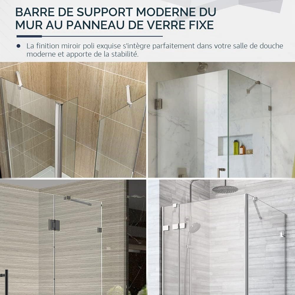 M-Home - Barre de renfort pour paroi de douche - Acier inoxydable, 60 cm, pour paroi en verre sans cadre de 6 à 10 mm d’épaisseur