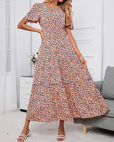 Image of PRETTYGARDEN Women's Casual Smocked Boho Floral A-Line Maxi Dress 2026 | Summer Short Flutter Sleeve Crewneck Tiered Long Sundress,Fall Wedding Guest Dresses,Spring Cute Flowy Beach Vacation Clothes