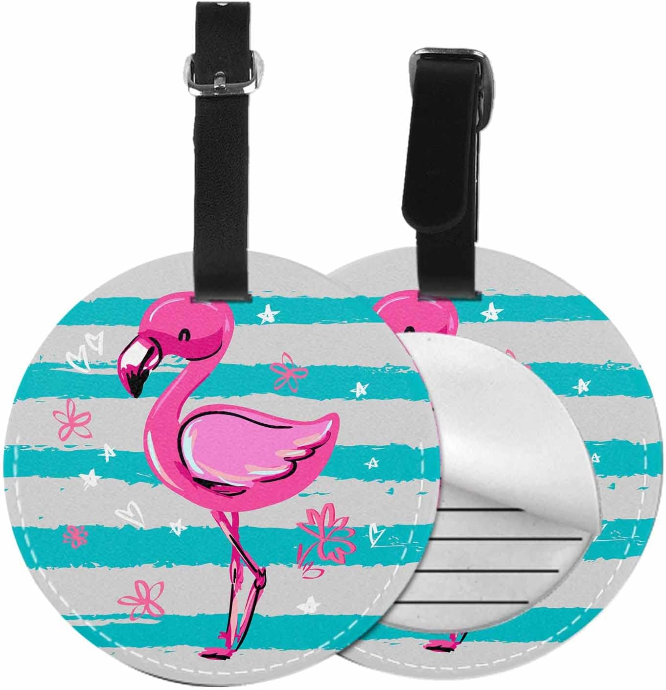 TKS MITLAN 1 Pack Pink Flamingo PU Leather Travel Cruise Luggage Tag Blue Stripes Flower Stars Hearts Baggage Bag Backpack Instrument with Privacy Flap Name ID Label for Girls Suitcase(Round)