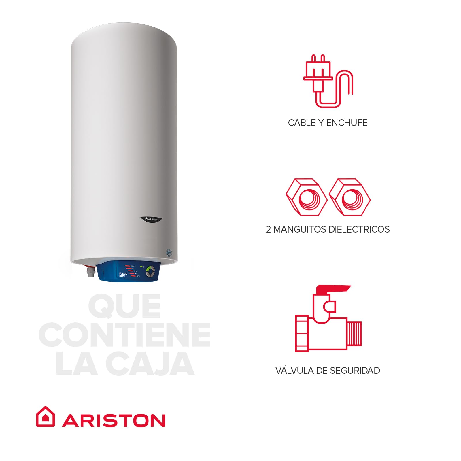 Ariston, Fleck Bon - Termo Eléctrico 50 Litros, Calentador de Agua Eléctrico Horizontal/Vertical Seguro y Eficiente 35.3x38x85.5cm, Calentadores para Instalación en España - Eficiencia B, Rango (A+/F)