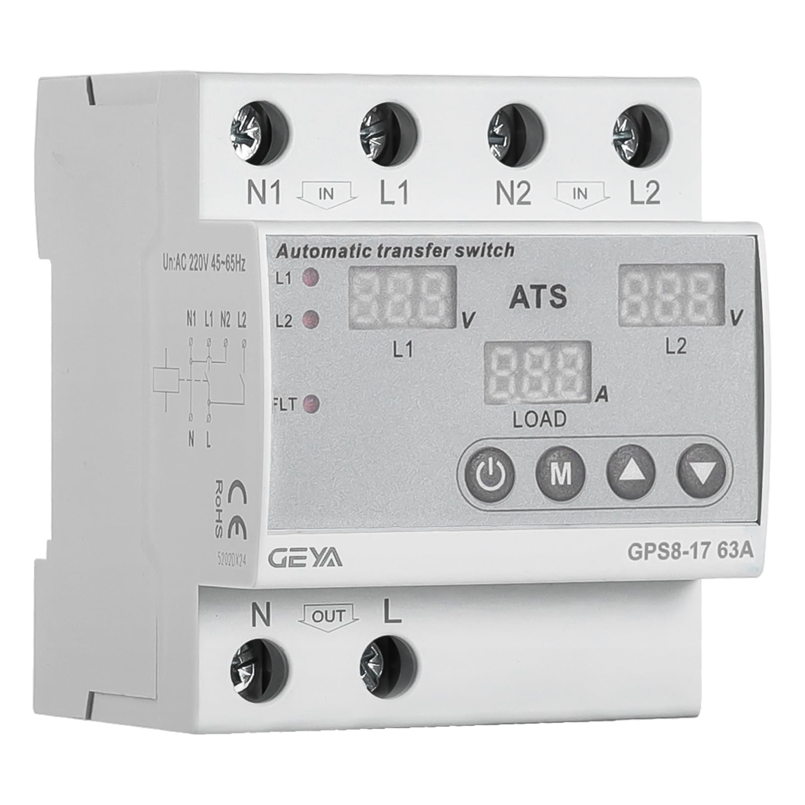GEYA Interruttore di trasferimento automatico ATS con protezione regolabile da sovratensione, sottotensione e sovracorrente,interruttore ATS a doppia alimentazione(GPS8-17,63A-220V)