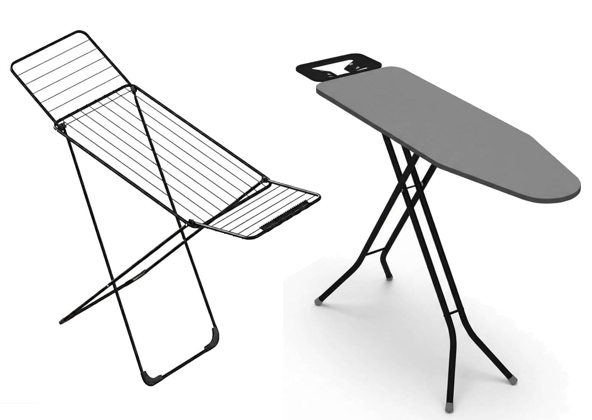 HYTAMA TOOLS - Bügeltisch BRAVA 33 x 110 cm aus Stahl mit klappbarem Hebel, platzsparend mit Bügeleisenablage + Wäscheständer EGE WINGSLUX schwarz für den Boden, 18 m Trockenlänge, Stahl