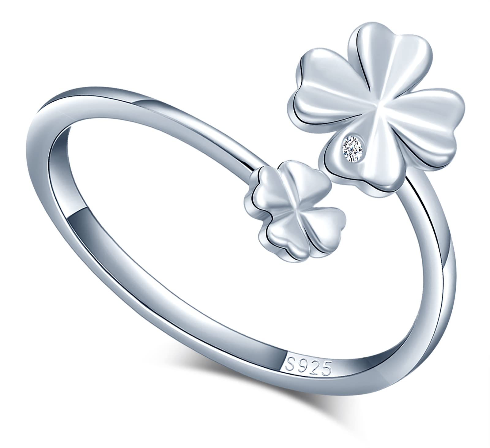 MICGIGI Anillo para mujer de plata de ley 925 con trébol de cuatro hojas Anillo ajustable