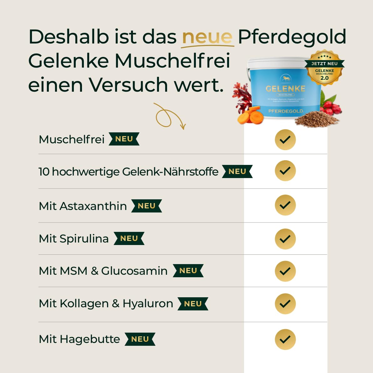 Articulaciones sin conchas 1,5 kg – Pellets articulados sin conchas | Con astaxantina, hialurón, colágeno y espirulina, natural y libre de dopaje, fabricado en Alemania