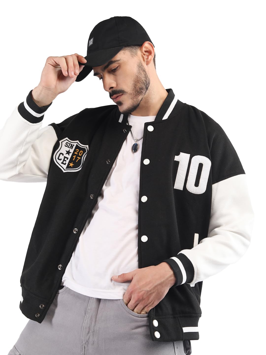 Men’s Oversized Varsity Jacket with Snap Button Closure and Patch Design Trendy Comfortable Outerwear for College Travel and Casual Wear