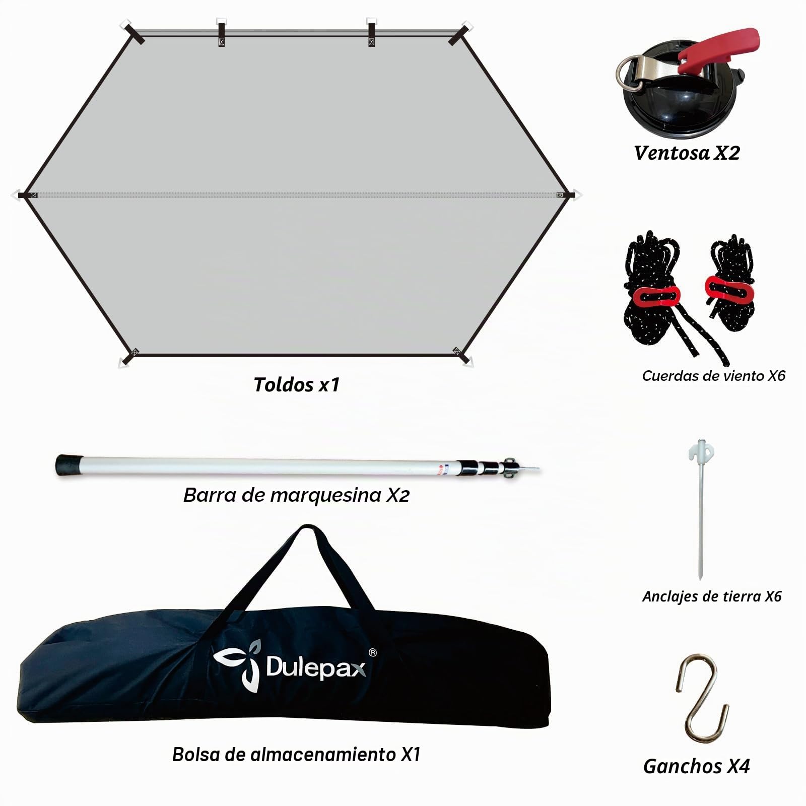Dulepax SUV Awning 2.5M Gris, Toldo para Coche y Furgoneta Camper, 2 Tubos (Diámetro 4,8 y 6,8 mm), Impermeable, Lateral, Apto para Caravanas