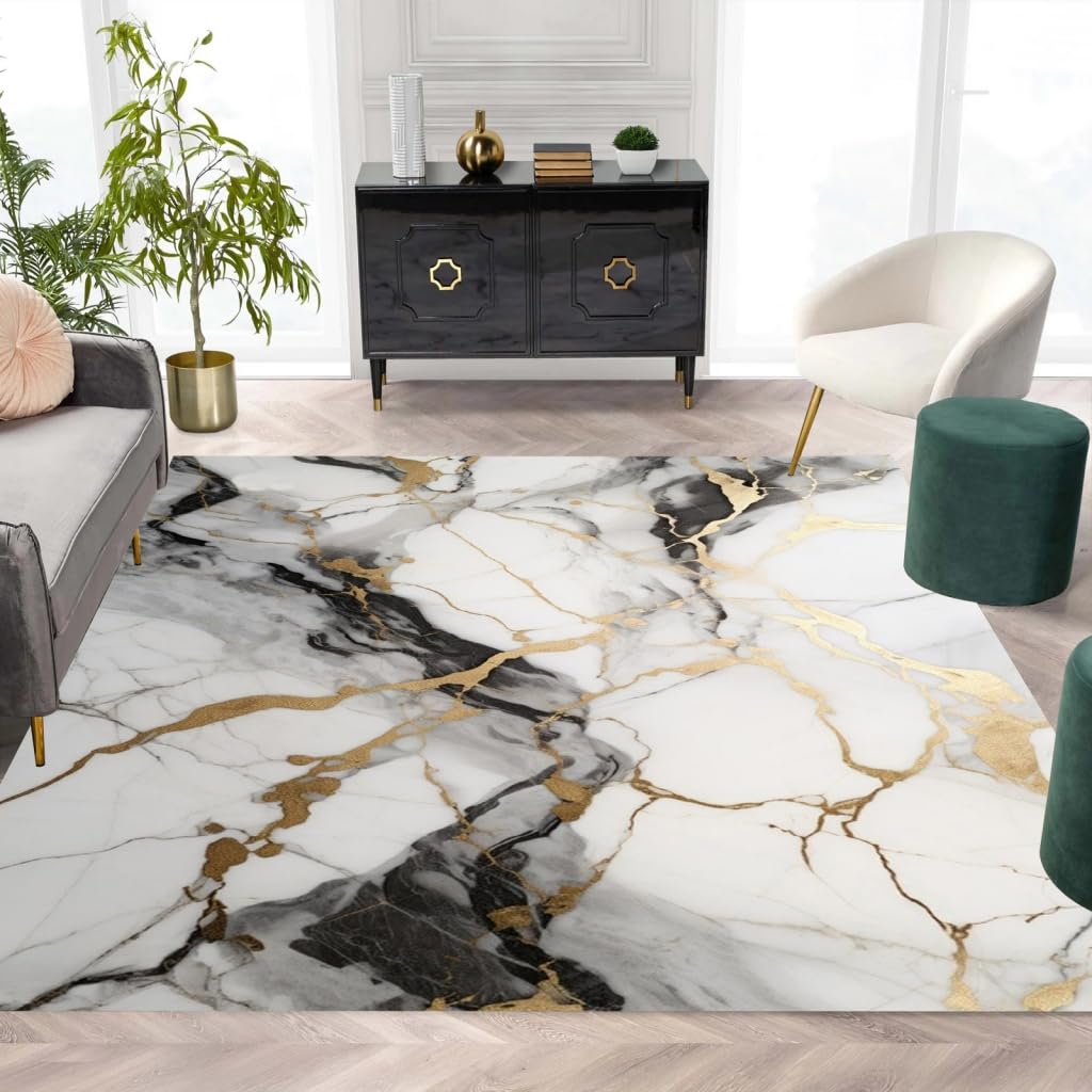 Black Grey Gold Distressed Marble Texture Area Rug 5x8 Thick Soft Wool Modern Abstract Rugs for Living Room Bedroom Dining Office Indoor No Slip Floor