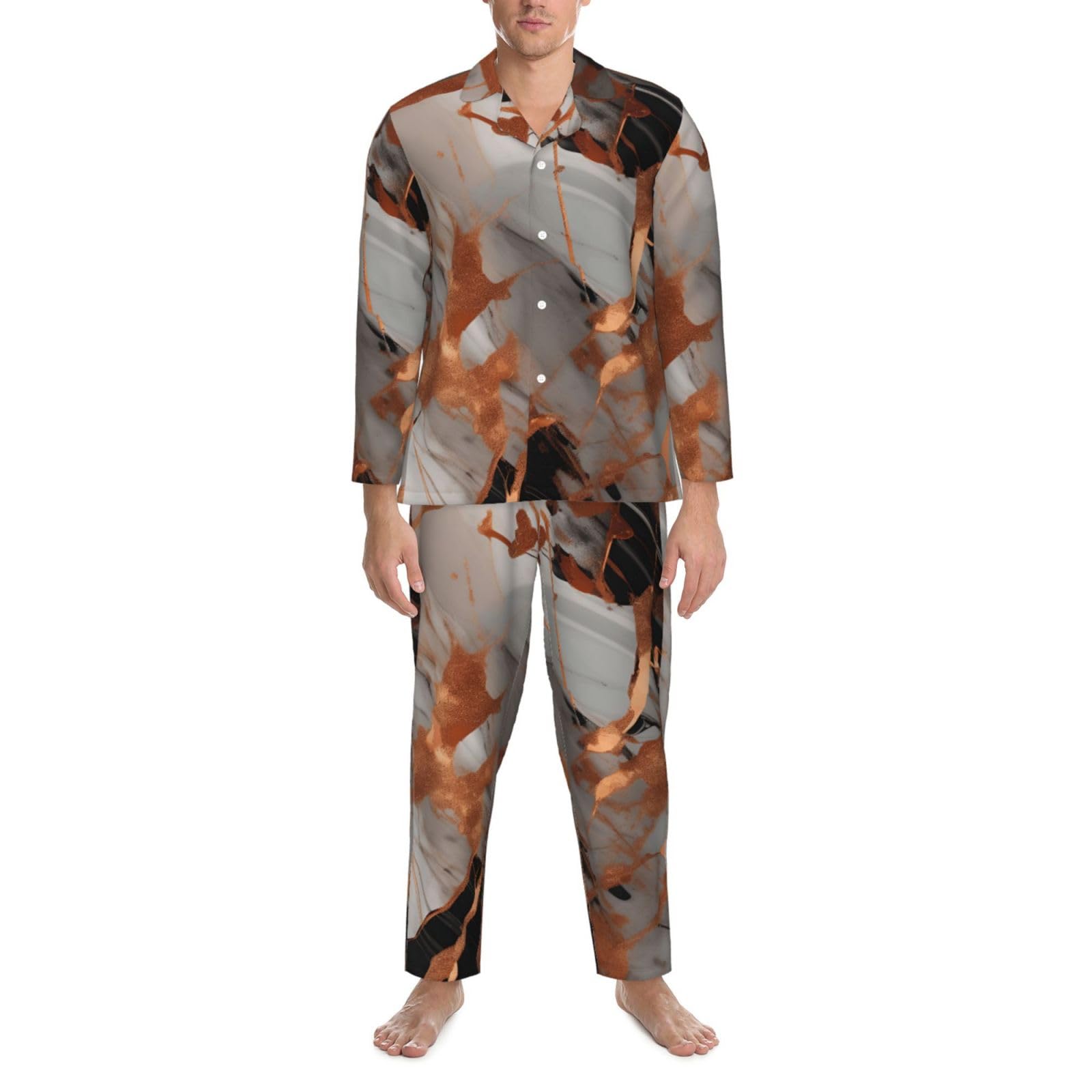Herren-Pyjama-Set mit Marmor-Textur, Kupferspritzer-Druck, langärmelig, zweiteilig, Hauskleidung, bequeme Nachtwäsche, Nachtwäsche