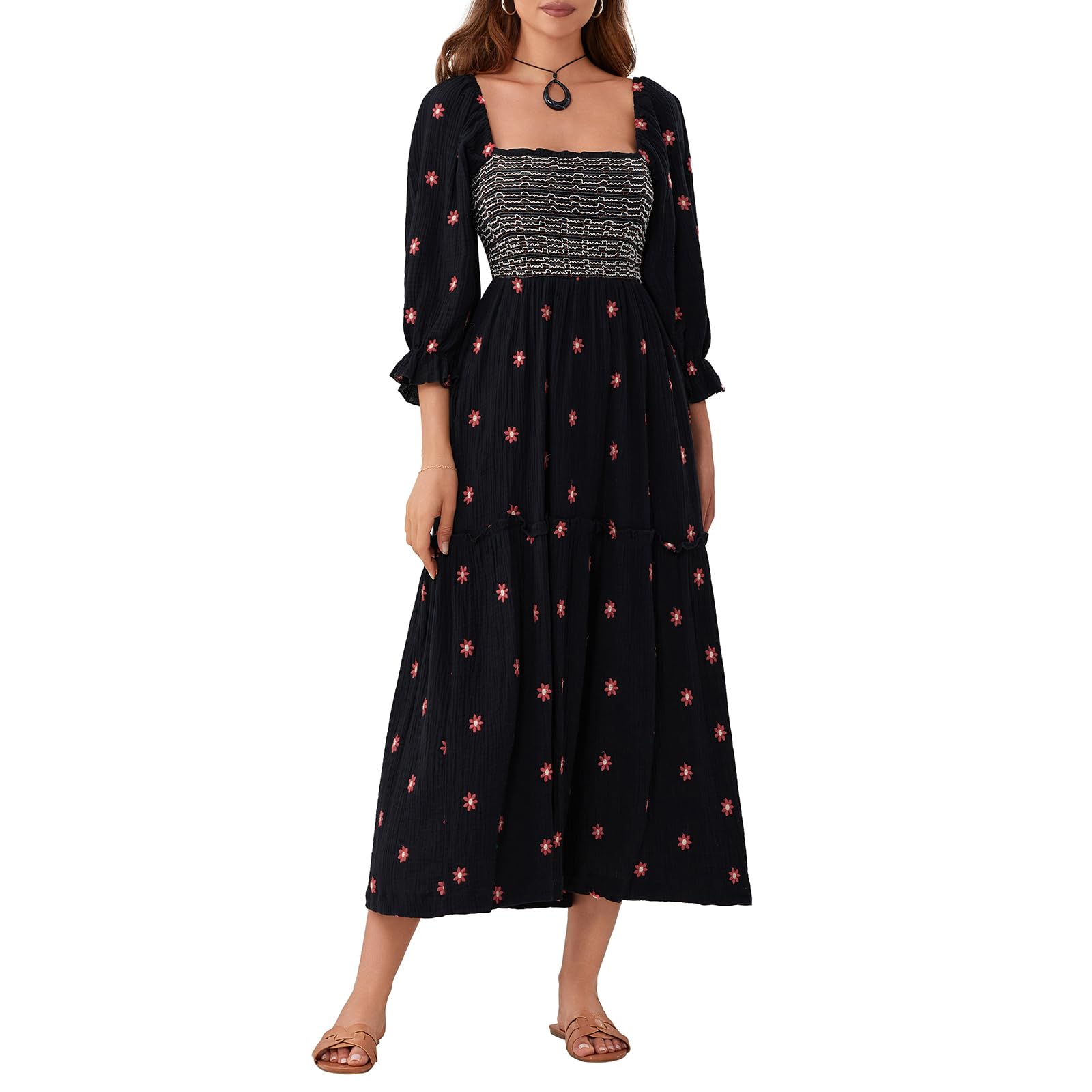 FelciaWomen's Long Sleeve Maxi Dress Square Neck Flower Embroidered  Backless Bohemian Flowy Dress Elegant Beach Long Dress