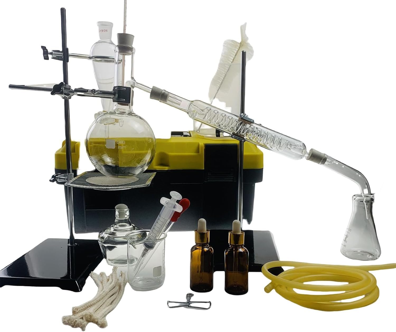 Kit de destilación de aceites esenciales, aparato de destilación de 500 ml, kit de destilación de vidrio de laboratorio con lámpara de alcohol, malla cerámica y 24, 40 juntas, para equipo didáctico.