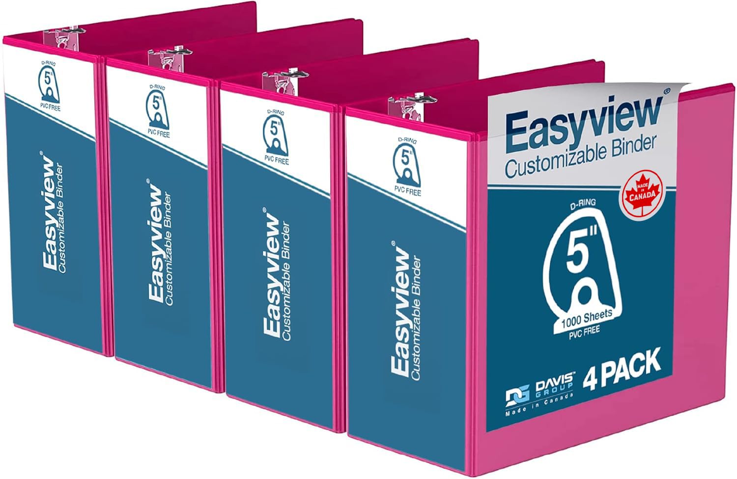 EasyView Premium Angled D-Ring 5-Inch Binders with Clear-View Covers, Customizable 3-Ring Binders for School, Office, or Home, Pack of 4, Pink โ image 1