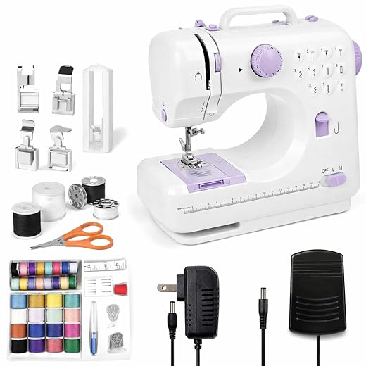 Sewing Machine for Beginners with 12 Built-in Stitches, 2 Speed Foot Pedal, LED Light, 32 colors Sewing Thread Kit, Mini Electric Sewing Machine for Kids and Adults, Home Mending & Crafting