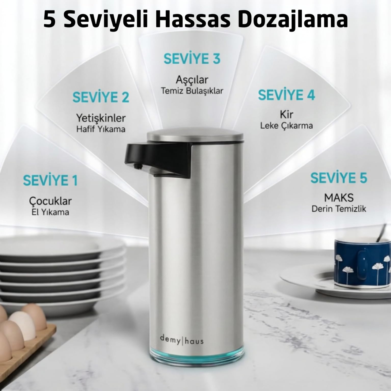 Demy Haus SensePro Sensörlü Otomatik Sıvı Sabunluk | Şarjlı Paslanmaz Çelik | 380ml 5 Kademeli Dozaj | Temassız Hijyenik | Banyo ve Mutfak | Metalik Gri