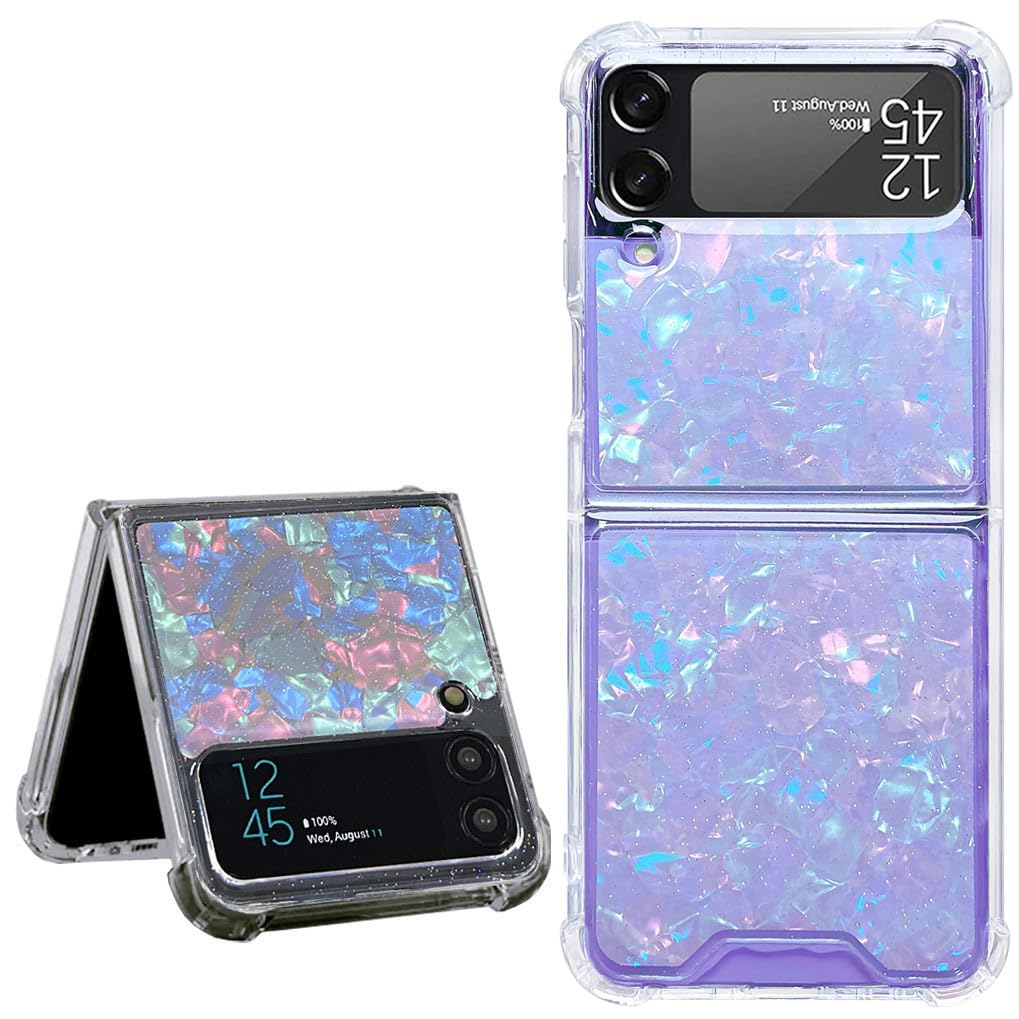 Abbery for Samsung Galaxy Z Flip 3 5G Case Clear Glitter Design Cute Bling Aurora Conch Shell Sparkle Shockproof Aesthetic Shockproof Phone Cover for Women Girls (Holo Shell)