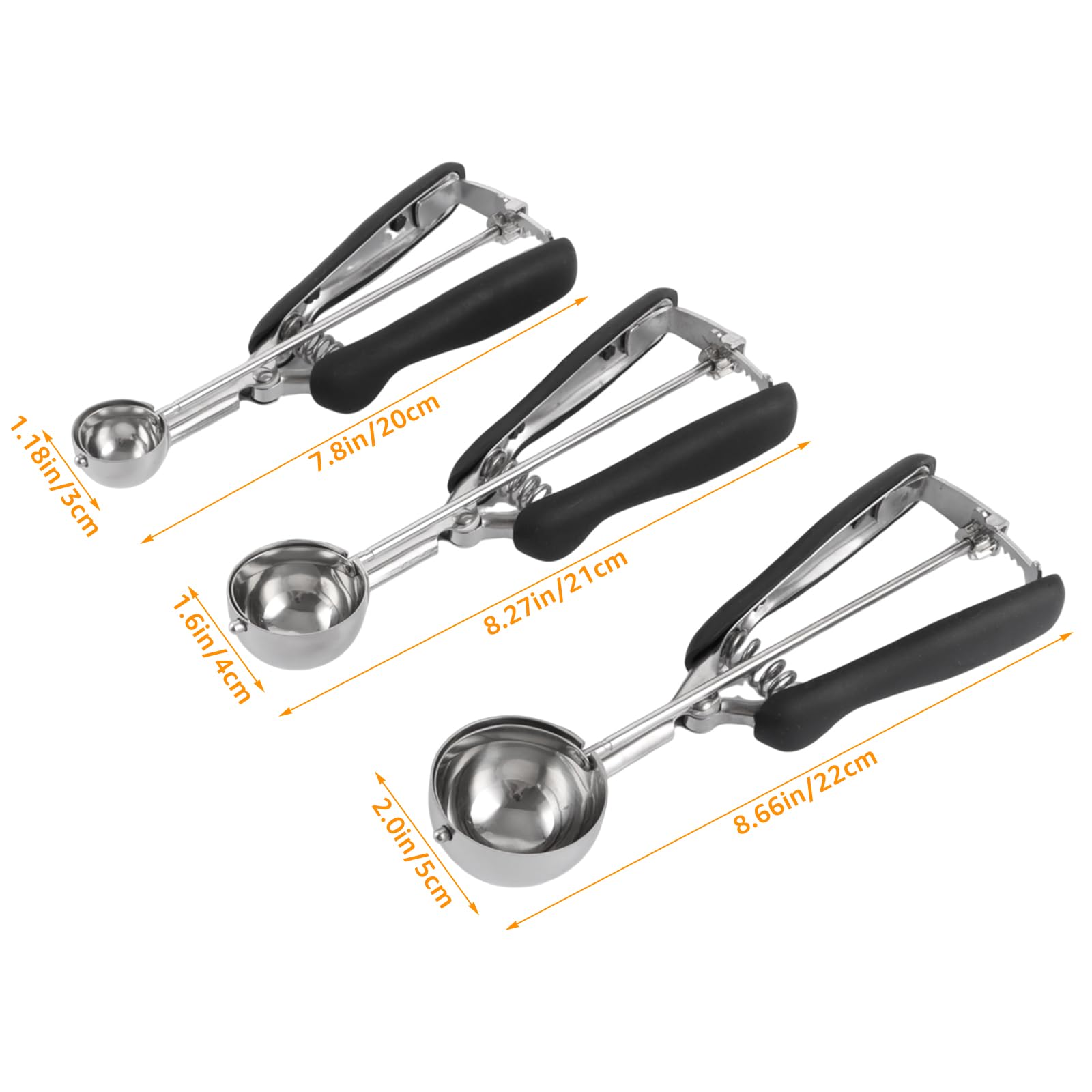 Juego de 3 Cuchara Helado Acero Inoxidable, Cuchara para Helado con Gatillo 3/4/5 cm, Sacabolas para Postres Masa Melon Galletas Cocina Diaria Negra