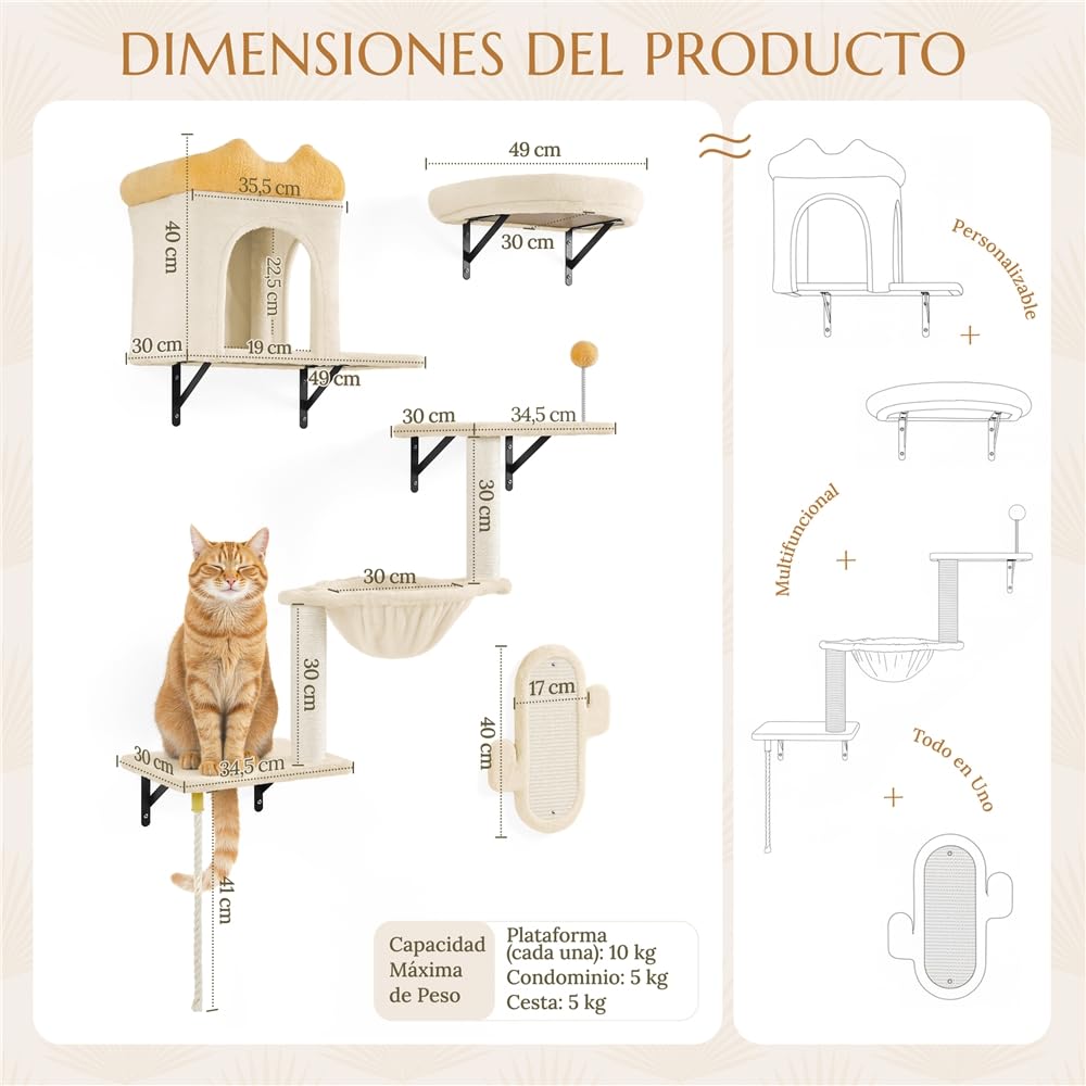 Yaheetech Estante de Escalada para Gatos 4 en 1 Mueble de Pared Beige | Fácil montaje, Ahorra espacio,Duradero,Poste sisal resistente,multifuncional,Bola colgante sustituible, Felpa suave