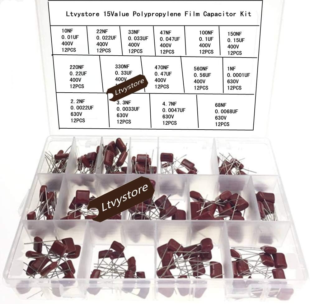 Polypropylene Capacitor Kit, 180Pcs 400V and 630V Metallized Polypropylene Film Capacitors Assorted Assortment Box Kit Set, Range 10nF ~ 68nF /0.01uF ~ 0.068uF