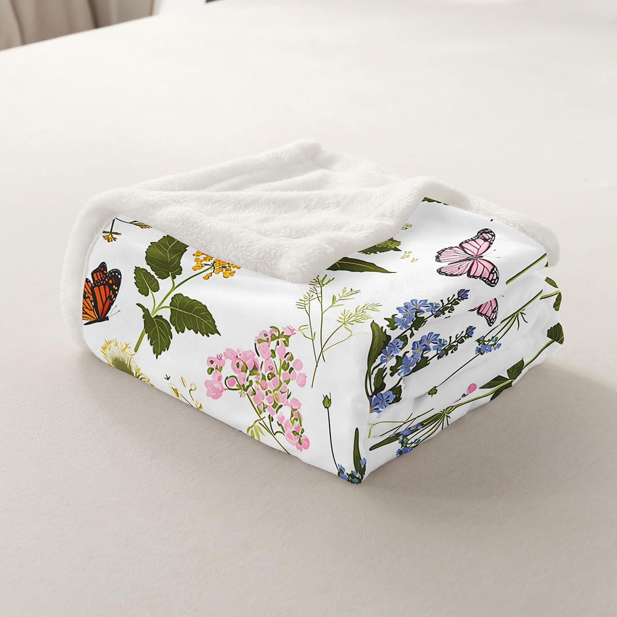 Erosebridal Flower Throw Fleece Blanket Cute Floral Butterfly Sherpa Blanket Spring Garden Fuzzy Plush Throw for Kids Boys Girls Green Plants Leaf Blankets Botanical Wildflower Decor