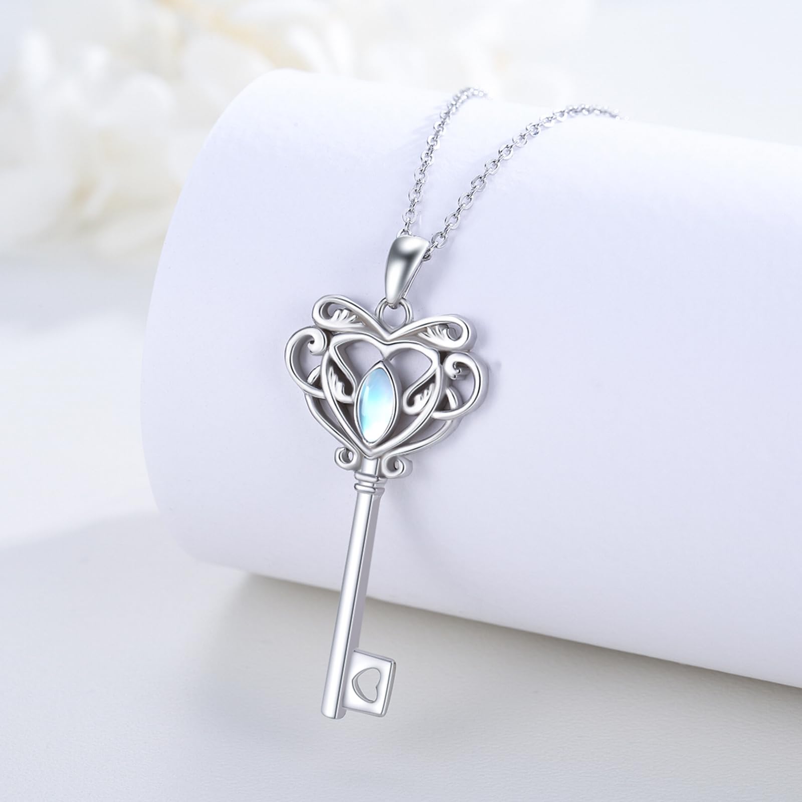 Collar con llave de plata 925, colgante de la suerte de piedra lunar para mujer