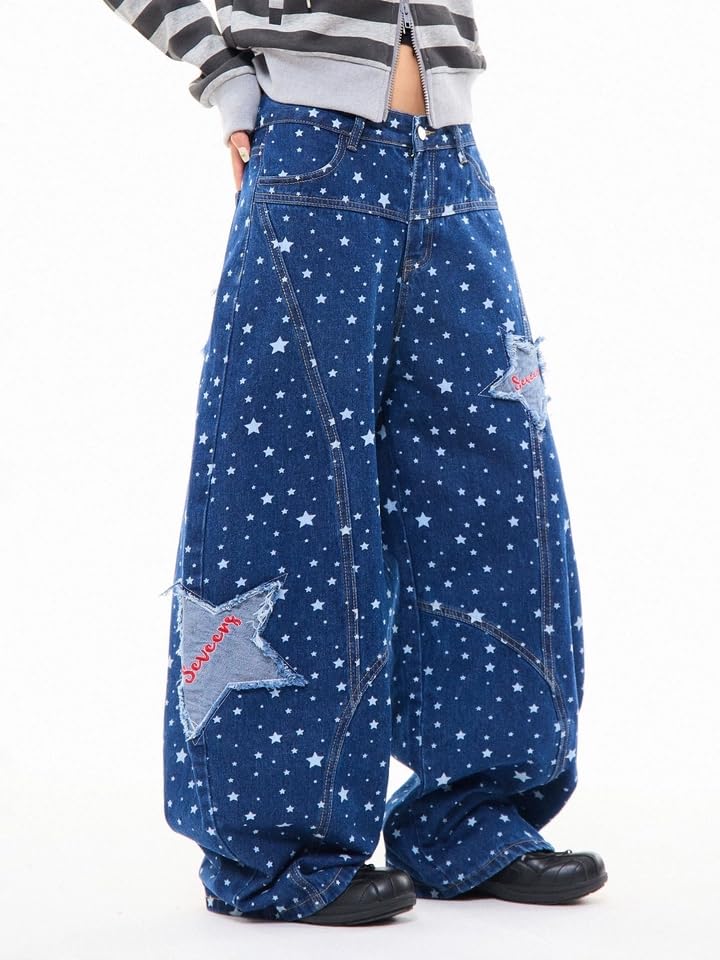Unisex Y2k Vintage Star Patched Embroidery Print Jeans Hiphop Streetwear Grunge Distressed Baggy Wide Leg Denim Pants2