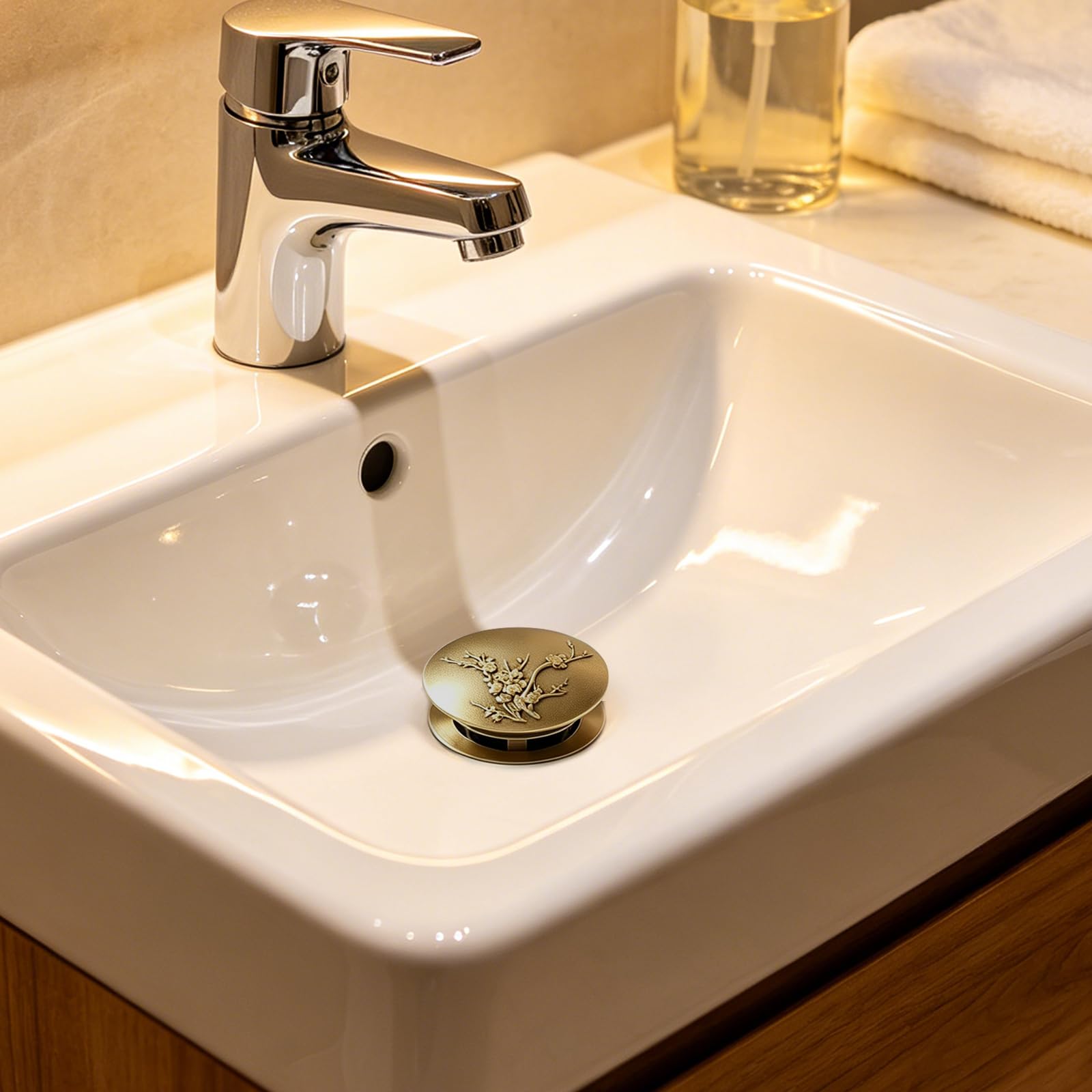 Tapón lavabo baño, tapón bidé, tapón lavabo cocina, latón, desagüe click clack, diámetro del tubo 3 cm, tapa de desagüe diámetro 6,5 cm, para bañeras de baño, cocina, lavabos, con agujeros
