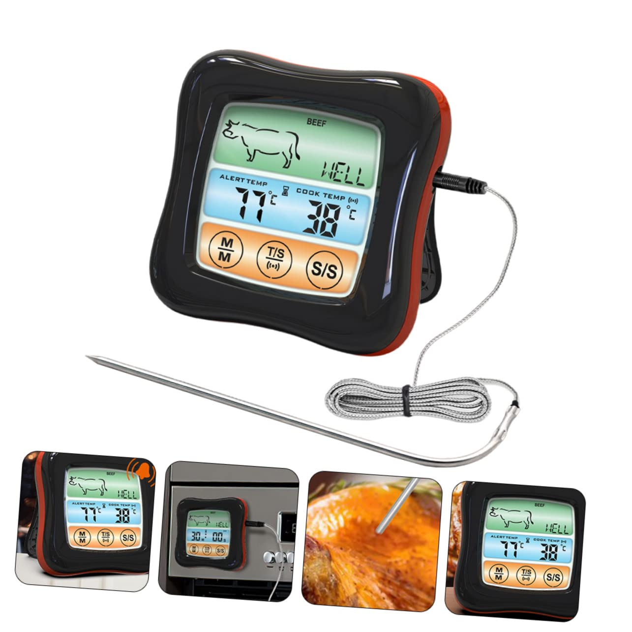 Termómetro Digital de Cocina Temporizador, Acero Inoxidable Negro