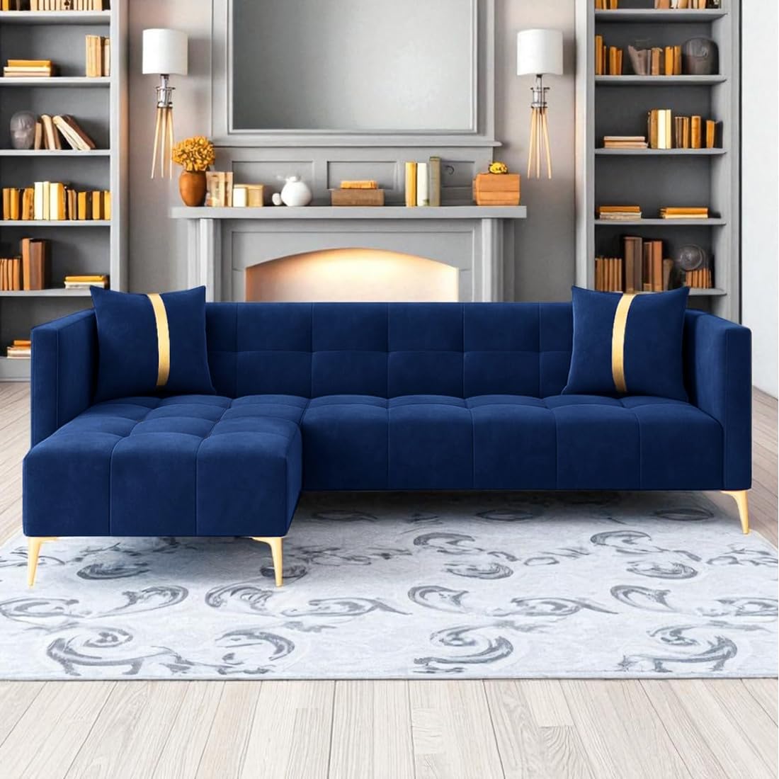 FURNY Styliving 4 Seater Fabric LHS L Shape Sofa Set (Blue) with Golden Finish Legs | Durable & Comfortable | Ideal for Living Room FURNY Styliving 4 Seater Fabric LHS L Shape Sofa Set (Blue) with Golden Finish Legs | Durable & Comfortable | Ideal for Living Room