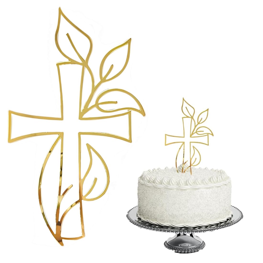 Luxorium 1 Stück Tortendeko Kreuz Gold für Kommunion Konfirmation Taufe Acryl Cake Topper mit Blätter Motiv elegante Kuchendeko für Torte