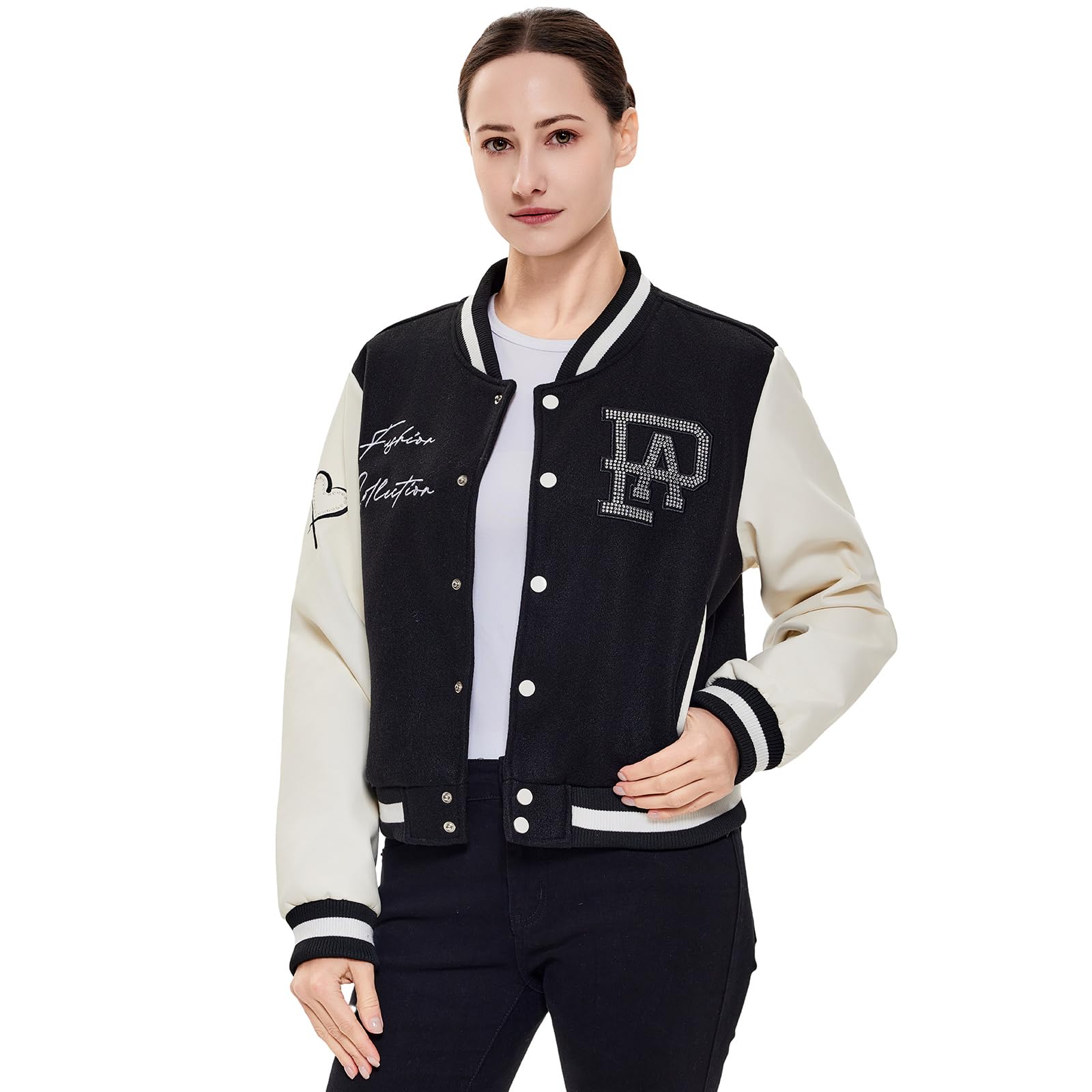 Veste universitaire en cuir synthétique pour femme, coupe ajustée, décontractée, légère
