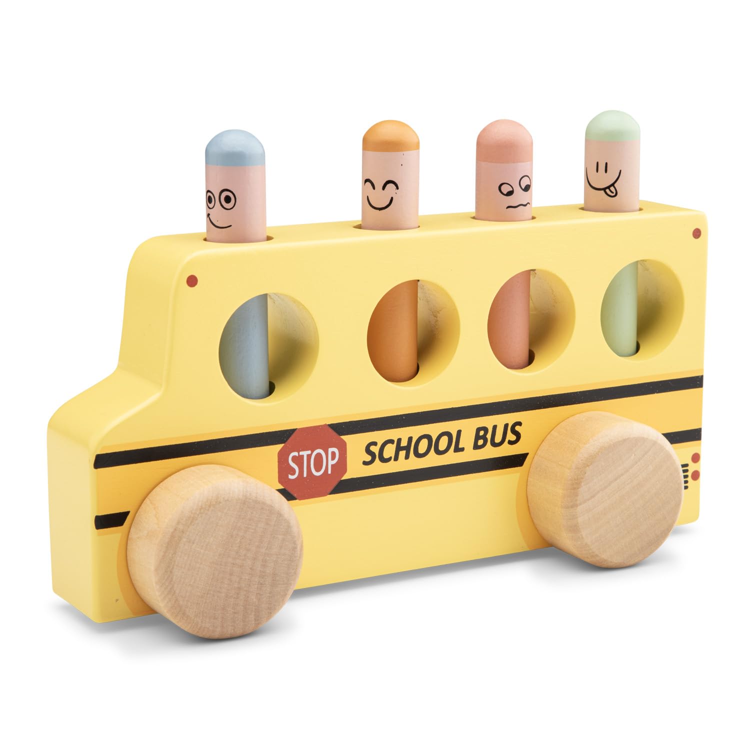 Woet Wooden Pop-Up School Bus, FSC Pretend Play Toy with Spring Figures for Toddlers 24 Months+, Educational Push Vehicle - Image 2