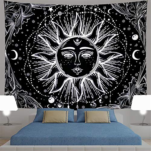 Sun Tapestry Psychedelic Burning Sun Wall Tapestry Black and White Tapestry Moon Sun with Star Tapestry Fractal Faces Bohemian Mandala Mystic Tapestry for Bedroom Living Room (Medium, Black Sun)