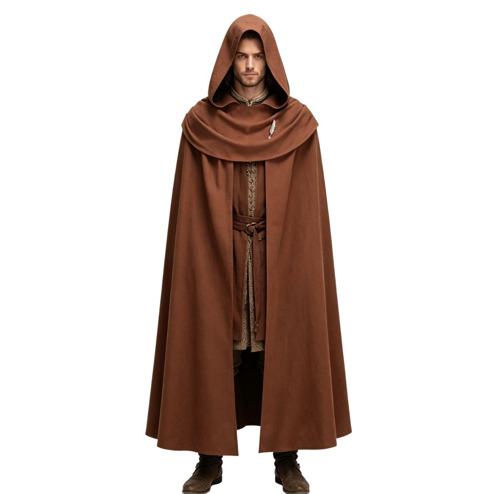 HAPNBCELE Adults Medieval Cloak Hooded, Renaissance Cape with Decorative Brooch for Halloween LARP Renaissance Fair Cosplay (Brown, 130cm/51.18“)