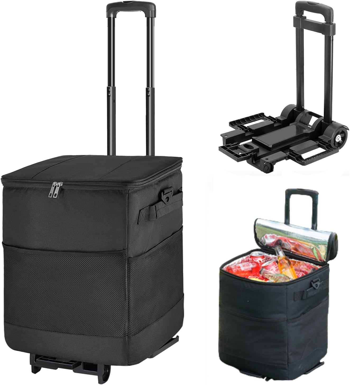 Collapsible Large Rolling Cooler 60-Can/40L,3-in-1 Insulated Soft Cooler Bag,Adjustable Wheels&Handle, Rolling Cooler Cart for Beach Camping Travel