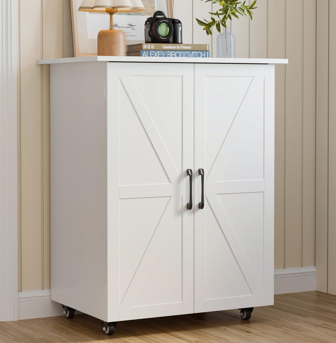Small White Modern Cabinet with Doors, Living Room Storage Cabinet with 4 Wheels, 8 Plastic Basins and 2 Barn Doors for Office(19" Dx 27.3" Wx 34.4" H)