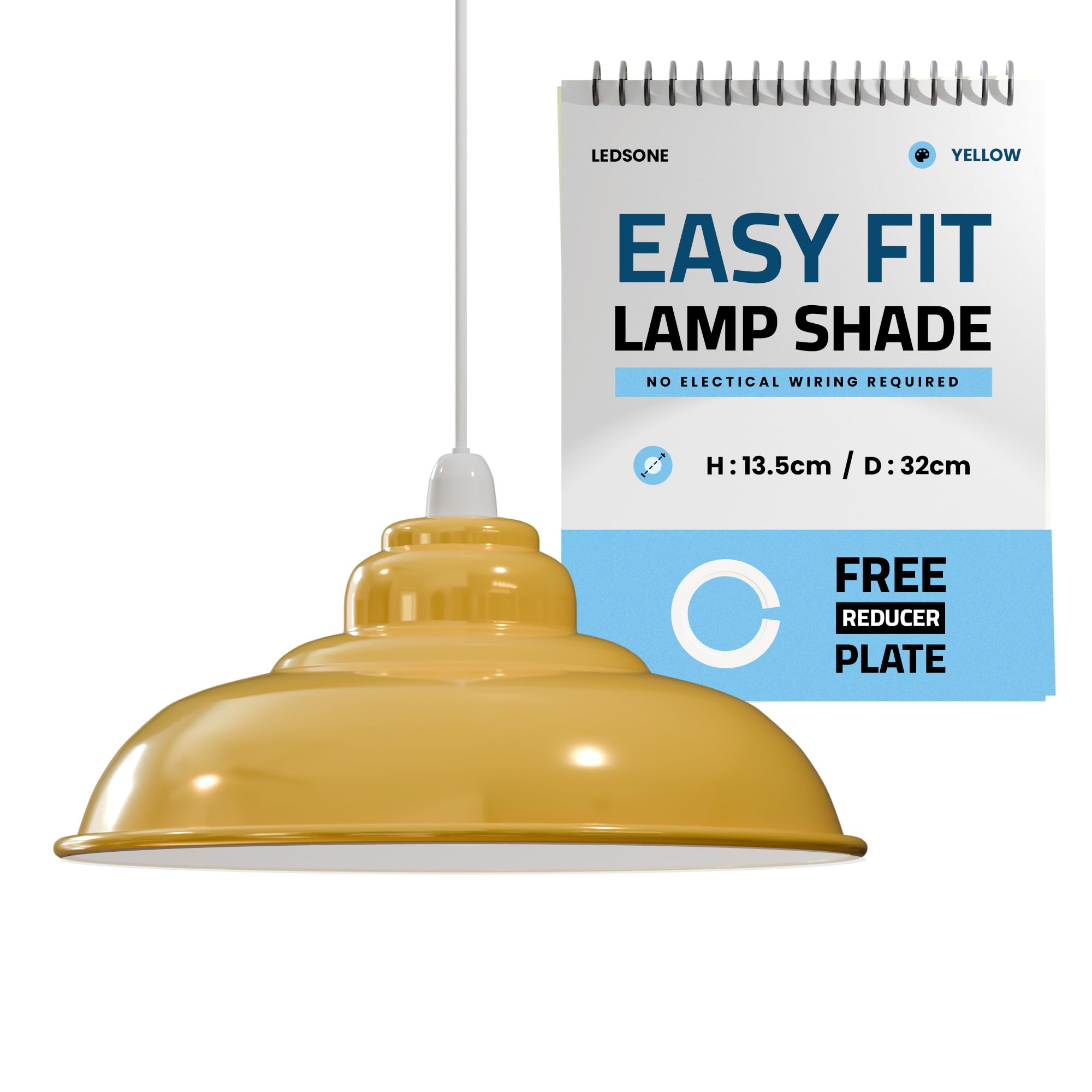 LEDSONE Modern 32cm Yellow Industrial Lamp Shade Semi Curvy Pendant Light Diffuser Easy Fit Ceiling Light Cover Replacement for Pendant Lighting, Wall or Table Lamps Home or Office Use